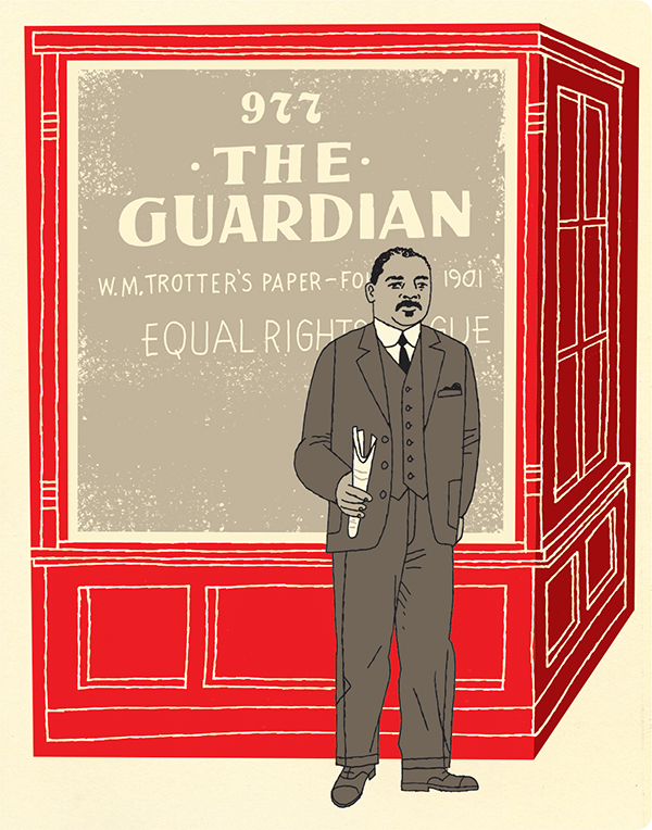 Illustrated graphic of William Monroe Trotter standing in front of the office for his newspaper, The Guardian. Trotter is holding a newspaper, and is wearing a three piece suit.