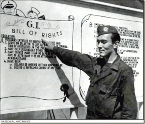 Solider pointing to a sign explaining the GI Bill of Rights