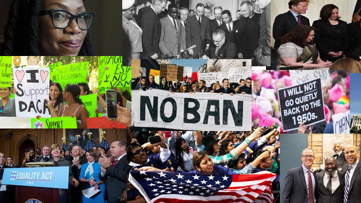 Collage showing advocates and politicians marching and signing bills.