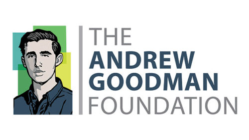 The logo for the Andrew Goodman Foundation. Graphic image of Andrew Goodman is on the left side of the logo.