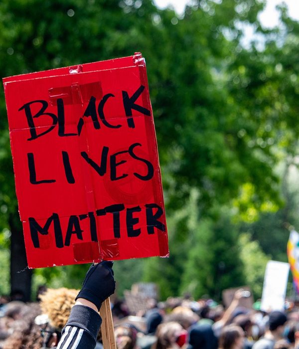 Red sign is held up from a crowd, and it read Black Lives Matter.