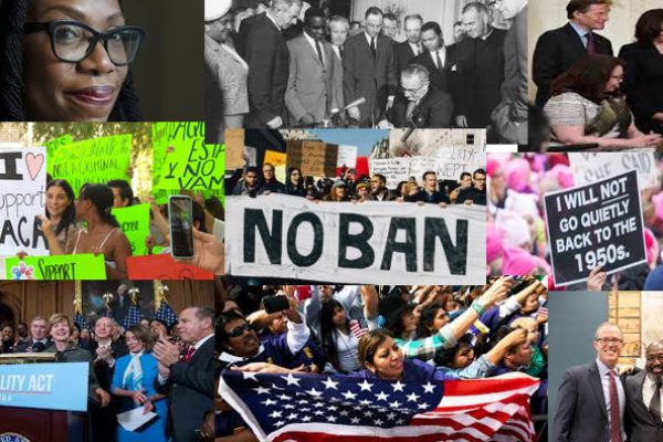 Collage showing advocates and politicians marching and signing bills.
