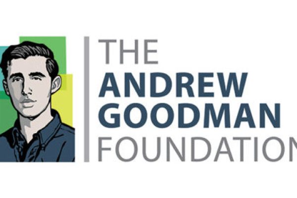 The logo for the Andrew Goodman Foundation. Graphic image of Andrew Goodman is on the left side of the logo.