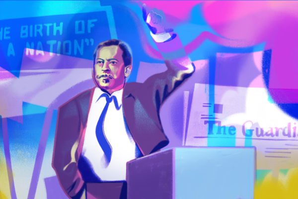 Colorful graphic of Trotter rising his hand in the air.