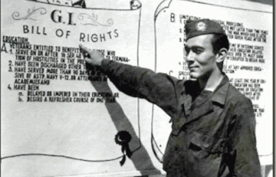 Solider pointing to a sign explaining the GI Bill of Rights