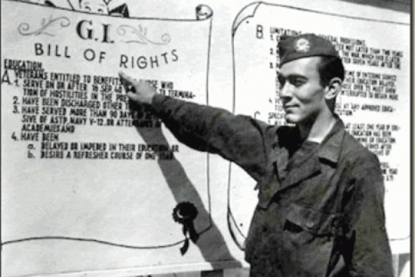 Solider pointing to a sign explaining the GI Bill of Rights